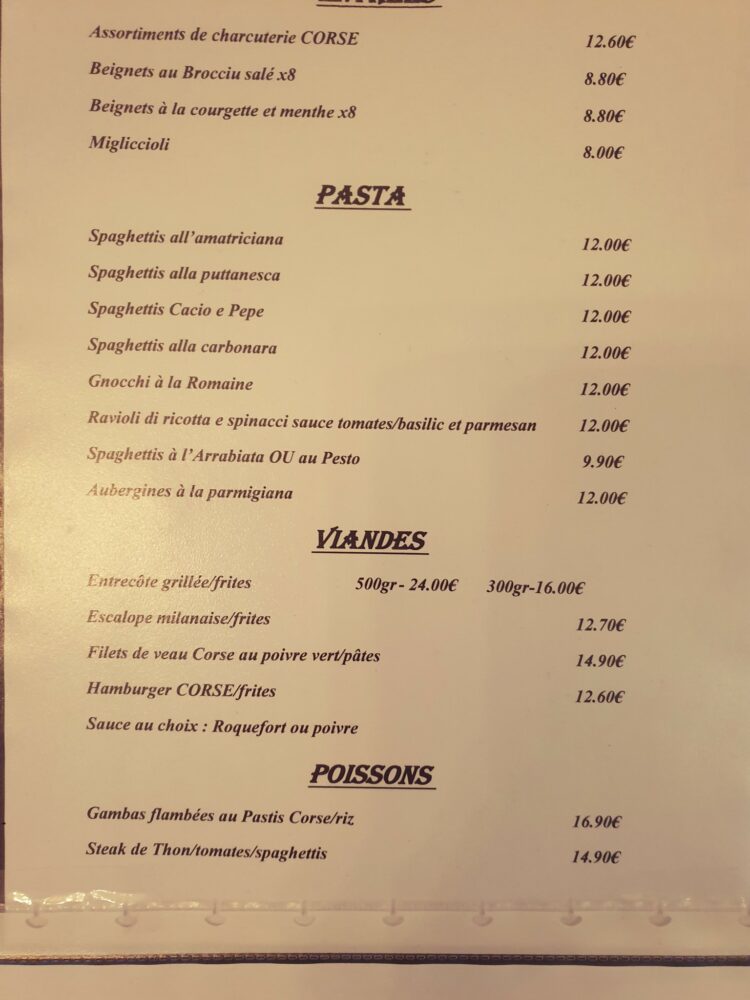 Menu Restaurant Madame mère Saint FLorent