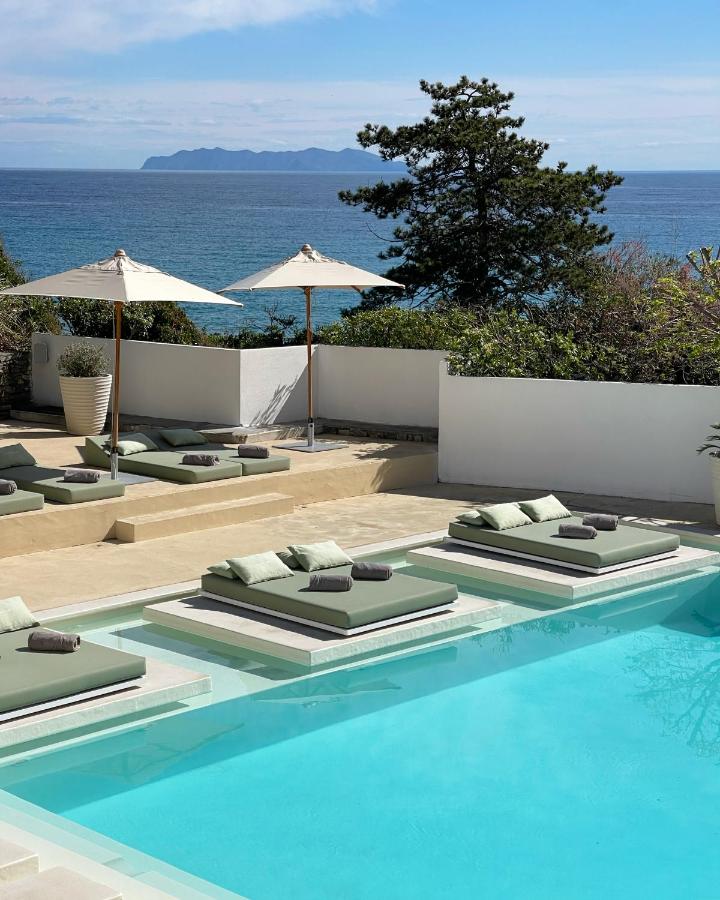 Piscine avec vue sur la mer et transats.