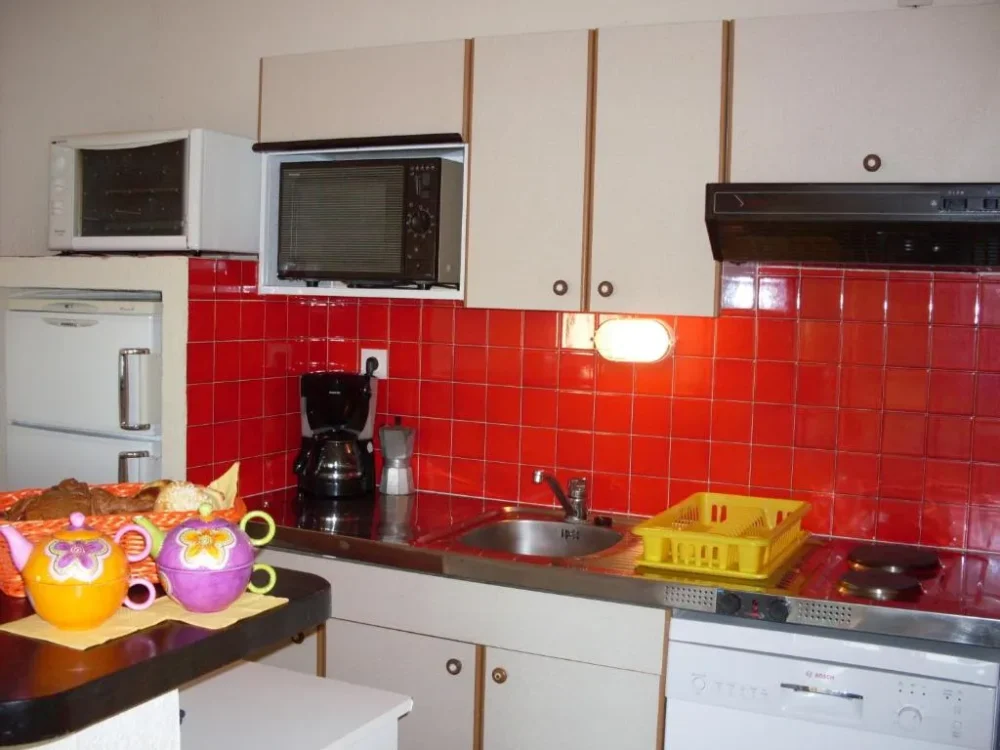 Cuisine avec carrelage rouge, micro-ondes, évier et théières.