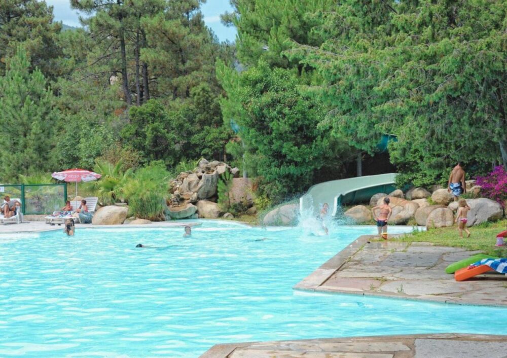 Piscine avec toboggan et forêt environnante.