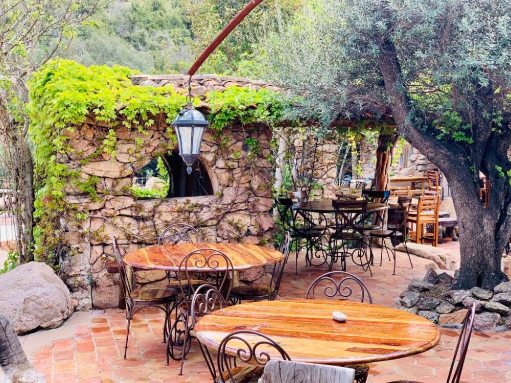 Terrasse en pierre avec tables bois et végétation.