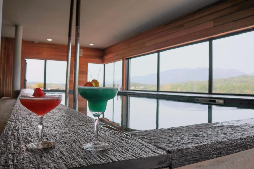 Cocktails colorés devant piscine intérieure.
