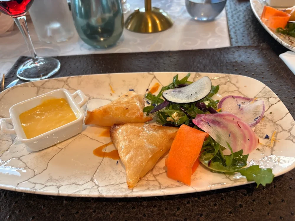 Assiette avec samoussas et salade colorée.